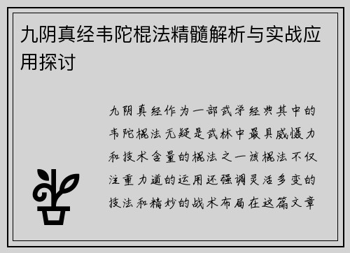 九阴真经韦陀棍法精髓解析与实战应用探讨